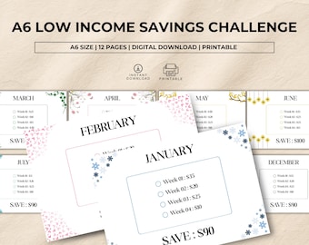 A6 Low Income Saving Challenge Bundle Printable, 12 Month Saving Challenge, Monthly Saving Challenge, Savings Tracker, Budget Tracker