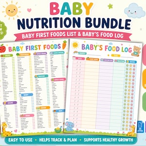 May include: A digital baby nutrition bundle featuring two printable charts: a Baby First Foods list categorized by food groups and a Baby's Food Log with columns for date, food name, portion size, reaction, and a rating scale of smiley faces.