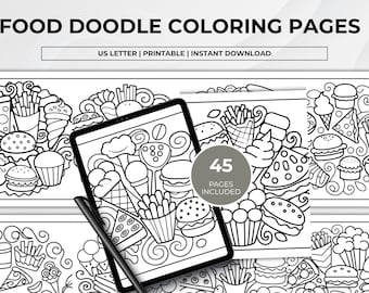 Food Doodle Coloring Pages Printable, 45 Cute Food Coloring Sheets, Kawaii Food Coloring Book, US Letter PDF Download, Instant Download