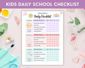 Kids Daily School Checklist, Printable School Checklist, Responsibility Chart, To Do List, Editable Chore Chart, Home school Planner