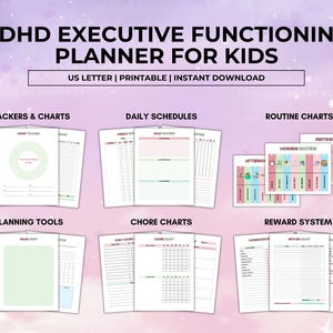 Op de afbeelding: Een planner voor kinderen met ADHD, met trackers, grafieken, dagschema's, routineschema's, planningstools, taakgrafieken en een beloningssysteem. De tekst op de afbeelding luidt "ADHD Executive Functioning Planner for Kids".