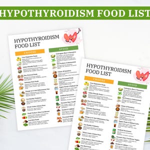 May include: Two white printed sheets titled "HYPOTHYROIDISM FOOD LIST" with "CHOOSE" and "AVOID" sections. The lists contain food categories with illustrations. A green banner at the top reads "HYPOTHYROIDISM FOOD LIST".