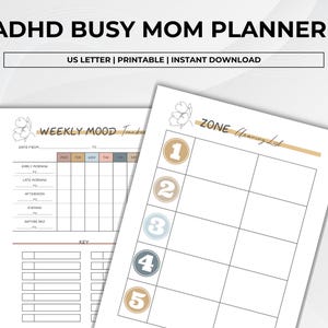 Elegant ADHD Busy Mom Planner printable featuring soft neutral floral designs with monthly calendars, daily planners, weekly planners, habit trackers, brain dump pages, gratitude journaling, meal planning, schedules, water intake tracker, and goal-setting layouts in US Letter size PDF format.