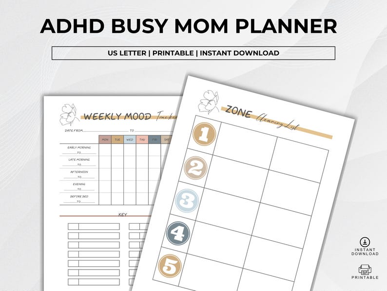 Elegant ADHD Busy Mom Planner printable featuring soft neutral floral designs with monthly calendars, daily planners, weekly planners, habit trackers, brain dump pages, gratitude journaling, meal planning, schedules, water intake tracker, and goal-setting layouts in US Letter size PDF format.