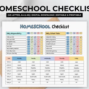 May include: Homeschool checklist printable with daily responsibilities and school tasks. Includes a weekly schedule with subjects like math, science, and history. The checklist is available in US Letter, A4, and A5 sizes.
