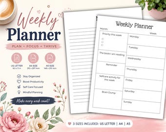 Minimalist Weekly Organizer Printable Planner, Weekly Schedule, To Do List, Week At a Glance, Weekly Plan, Instant Download