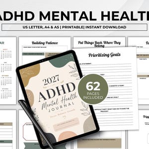 May include: A digital ADHD mental health journal displayed on a tablet screen, featuring a 2027 calendar, goal setting, and focus planning pages. The cover includes the text 2027 ADHD Mental Health Journal, Focus, Balance, Growth, and 62 Pages Included.