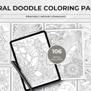 Può includere: Una collezione digitale di pagine da colorare con scarabocchi floreali e complessi motivi botanici in bianco e nero. Il set include 106 pagine, visualizzate su uno schermo di tablet con uno stilo, etichettate con il testo FLORAL DOODLE COLORING PAGES.