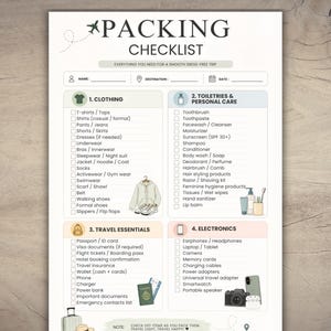 Może przedstawiać: Lista kontrolna pakowania z sekcjami na odzież, kosmetyki, niezbędne rzeczy w podróży i elektronikę. Lista kontrolna zawiera takie elementy jak koszule, krem ​​przeciwsłoneczny, paszport i laptop. Tytuł brzmi "PACKING CHECKLIST".