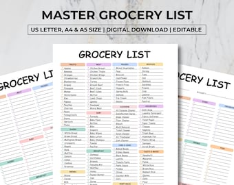 Editable Grocery List Template, Pre Filled Grocery List Printable, Blank Grocery List, Master Grocery List, Sopping List, Editable Canva