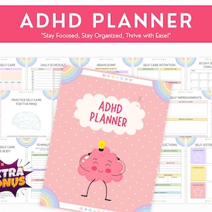 May include: A pink and white planner featuring a cartoon brain illustration. The planner is titled "ADHD Planner" and includes pages for monthly self-care, daily schedules, brain dumps, self-care intentions, self-improvements, and a 30-day self-care challenge.
