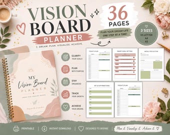Aesthetic Vision Board Planner Printable, Personal Growth Journal, Manifestation Planner PDF, Goal Tracker, Mindfulness Workbook