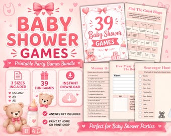 Pink Bow Baby Shower Games Bundle Printable, 39 Pink Baby Shower Activities, Baby Prediction Trivia Bow Style, Printable Baby Shower Games