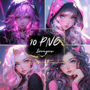 Pink Anime Girl Digital Art Pack - 10 PNG Images for Creative Projects, Profile Pictures, Wallpapers, Commercial Use