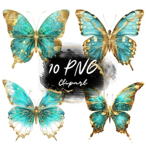 Turquoise Gold Glitter Butterflies Clipart – 10 PNG Butterfly Clipart,Digital Download,Commercial Use,Transparent Background