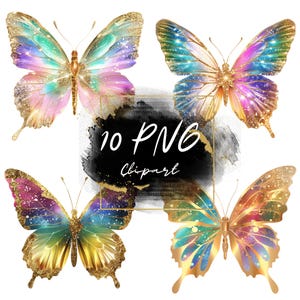 Rainbow Gold Glitter Butterflies Clipart – 10 PNG Butterfly Clipart,Digital Download,Commercial Use,Transparent Background
