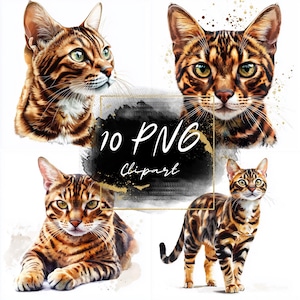 Watercolor Bengal Cat Clipart – 10 Cute Cat Illustrations, Perfect for Creative Projects, Realistic Cat Clipart, Commercial Use