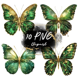 Green Gold Glitter Butterflies Clipart – 10 PNG Butterfly Clipart,Butterflie Clipart,Digital Download,Commercial Use,Transparent Background