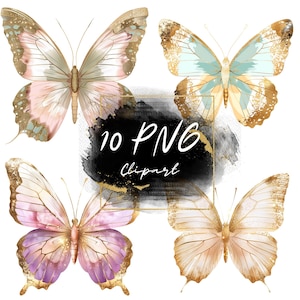 Pastel Gold Glitter Butterflies Clipart – 10 PNG Butterfly Clipart,Digital Download,Commercial Use,Transparent Background