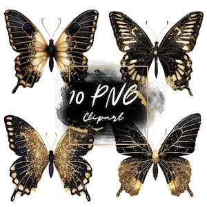 Black Gold Glitter Butterflies Clipart – 10 PNG Butterfly Clipart,Butterflie Clipart,Digital Download,Commercial Use,Transparent Background