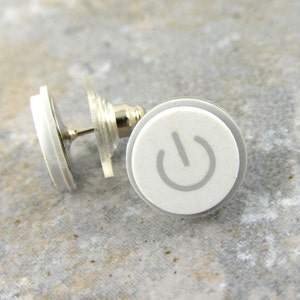 Power Up, Studs, iEarrings, Handmade, Recycled, MAC Power Buttons, made to order image 1