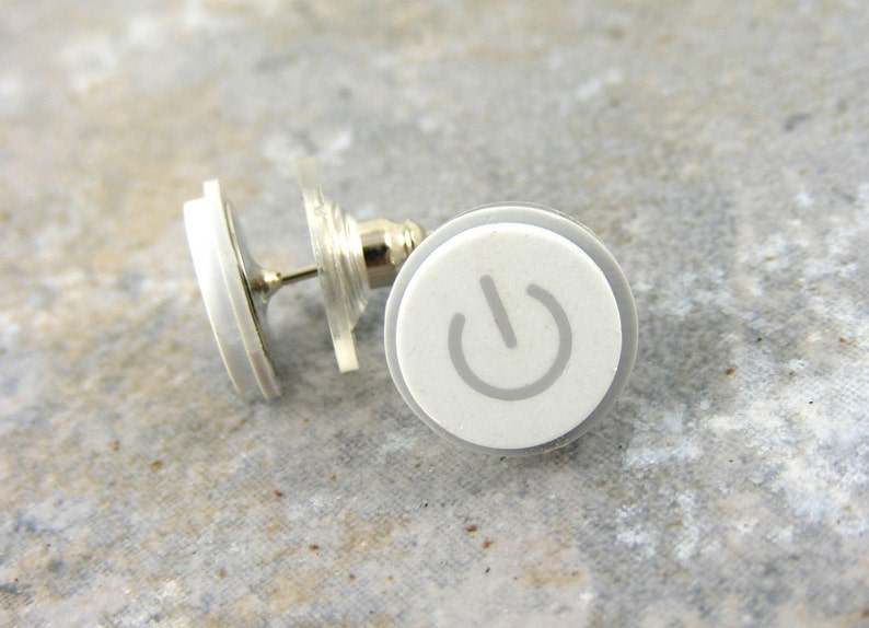 Power Up, Studs, iEarrings, Handmade, Recycled, MAC Power Buttons, made to order image 1