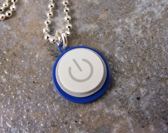 Power Up Color- Recycled MAC Power Button Necklace -  Blue Enamel and Sterling Silver Plated Chain