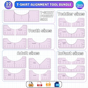 Könnte beinhalten: Ein Bundle von 22 T-Shirt-Ausrichtungswerkzeugen in verschiedenen Größen, darunter Kleinkinder, Jugendliche, Erwachsene und Babys. Die Werkzeuge sind hellviolett mit schwarzen Markierungen und Text, einschließlich "T-SHIRT POCKET SIZE". Canva-editierbares Design.
