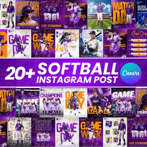 Puede incluir: Una colecci&oacute;n digital de m&aacute;s de 20 plantillas de publicaciones de Instagram para s&oacute;ftbol con esquemas de color p&uacute;rpura y dorado. Los dise&ntilde;os incluyen fotos de acci&oacute;n de jugadoras con uniforme, tipograf&iacute;a llamativa y dise&ntilde;os para calendarios.
