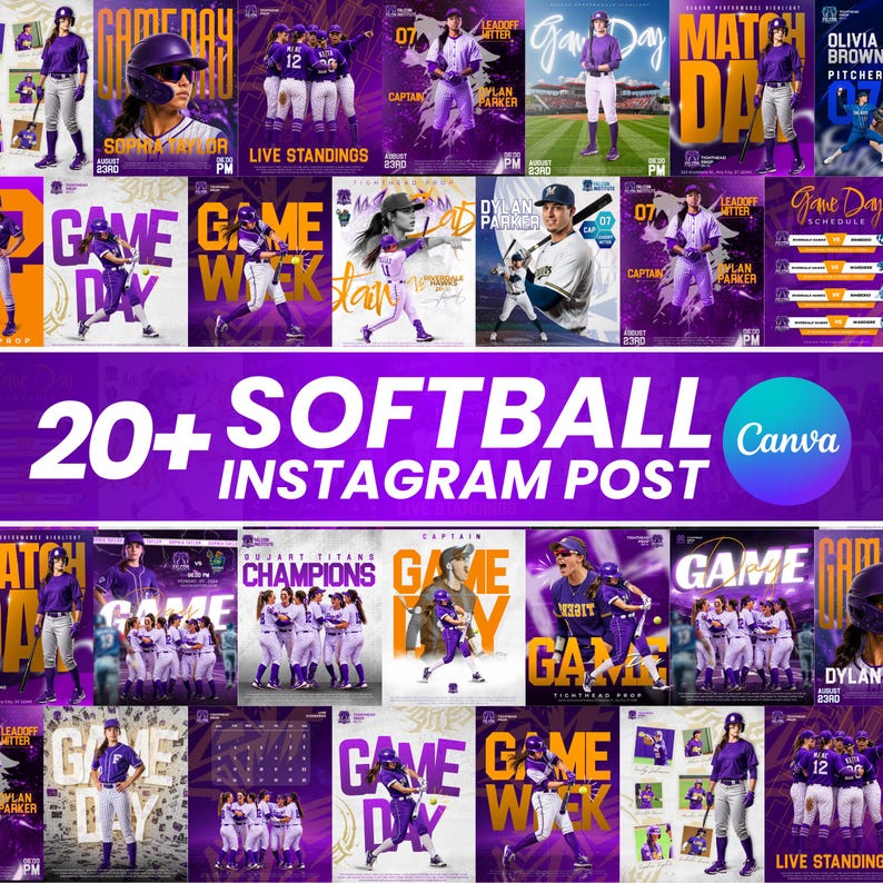 Puede incluir: Una colecci&oacute;n digital de m&aacute;s de 20 plantillas de publicaciones de Instagram para s&oacute;ftbol con esquemas de color p&uacute;rpura y dorado. Los dise&ntilde;os incluyen fotos de acci&oacute;n de jugadoras con uniforme, tipograf&iacute;a llamativa y dise&ntilde;os para calendarios.
