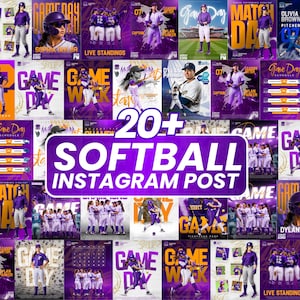 Puede incluir: Un collage digital de plantillas para publicaciones de Instagram con tem&aacute;tica de s&oacute;ftbol, que incluye esquemas de color morado y amarillo, fotos de acci&oacute;n de jugadoras con uniforme, calendarios de juegos y el texto 20+ SOFTBALL INSTAGRAM POST.