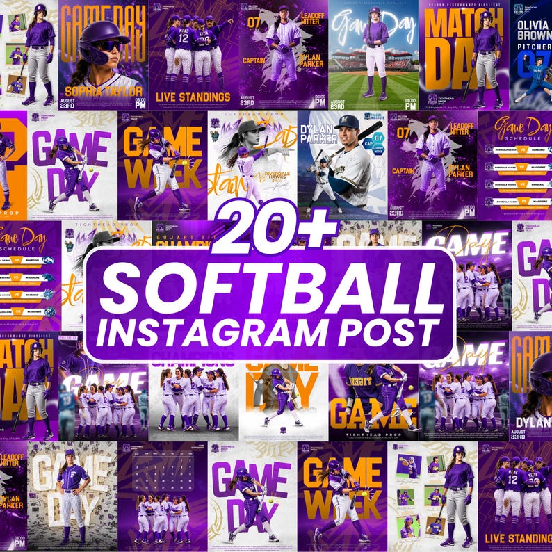 Puede incluir: Un collage digital de plantillas para publicaciones de Instagram con tem&aacute;tica de s&oacute;ftbol, que incluye esquemas de color morado y amarillo, fotos de acci&oacute;n de jugadoras con uniforme, calendarios de juegos y el texto 20+ SOFTBALL INSTAGRAM POST.