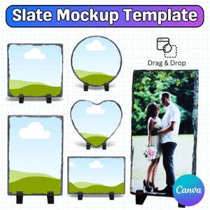 May include: A collection of slate mockups in various shapes: square, round, heart, rectangular, and vertical rectangle. Each mockup features a landscape scene with a blue sky, white cloud, and green hills. The rightmost mockup displays a couple. The text "Slate Mockup Template" is at the top.
