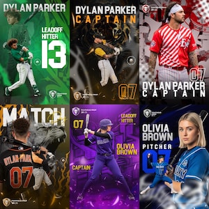Puede incluir: Un collage de gráficos con temática de béisbol que presentan jugadores y texto. Los gráficos incluyen los nombres "Dylan Parker" y "Olivia Brown", junto con las palabras "Captain", "Leadoff Hitter" y "Pitcher". También se muestran los números 07 y 13.