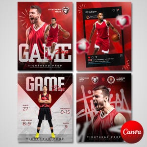 May include: Four red and white basketball-themed promotional graphics. One graphic says "GAME DAY" with a basketball player. Another shows an Instagram post with a basketball player. The third graphic displays basketball stats. The fourth graphic shows a basketball player and the text "VS CARIOS RENAUS".