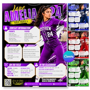 Softball Profile Sheet Template, Athlete Player Information Sheet, Sports Recruiting Card, Player details,Athletic Resume,Sports Resume Info
