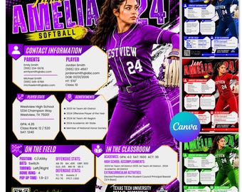 Softball Profile Sheet Template, Athlete Player Information Sheet, Sports Recruiting Card, Player details,Athletic Resume,Sports Resume Info