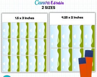 May include: A template for glue stick wraps, featuring two sizes: 1.5 x 3 inches and 4.25 x 2 inches. The design includes a landscape with green hills and a blue sky. The text "GLUE STICK WRAP TEMPLATE" and "Canva Editable" are displayed.