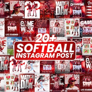 May include: A digital collection of over 20 softball Instagram post templates featuring various players in red and white uniforms, action shots on the field, and bold red text overlays including Game Day, Match Day, and Champions graphics.
