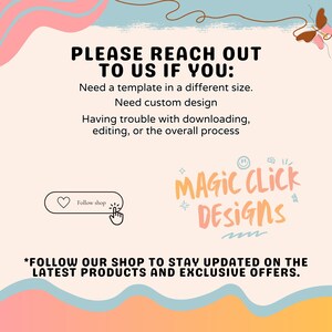 May include: A digital advertisement in pastel colours, promoting a design service. Text reads "PLEASE REACH OUT TO US IF YOU:" followed by support options. The "MAGIC CLICK DESIGNS" logo is displayed, with a call to follow the shop for updates.