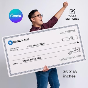 Super Large Blank Check, 36 x 18 in Manifestation Check Canva,Blank Check Blank,Check for Charity fundraising event,Personal Check Template