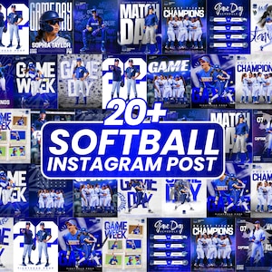Könnte beinhalten: Eine Sammlung von über 20 Instagram-Posts zum Thema Softball in Blau und Weiß. Die Posts zeigen Teamfotos, Spielpläne und Spieler-Highlights. Der Text enthält "Game Day", "Champions" und "Softball Instagram Post."