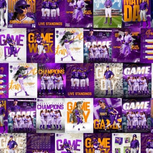 Puede incluir: Un collage de carteles gr&aacute;ficos con tem&aacute;tica de b&eacute;isbol que muestran jugadores con uniformes morados y blancos, escenas de acci&oacute;n de bateo y fildeo, reuniones de equipo y tipograf&iacute;a llamativa con palabras como Game Day y Champions.