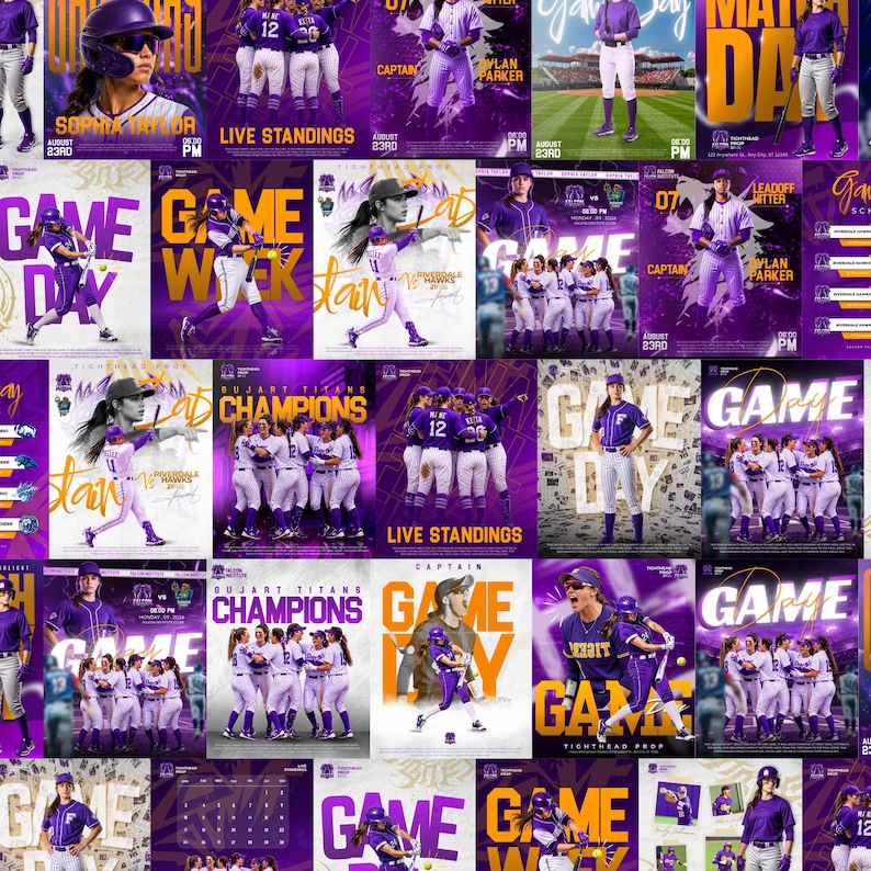 Puede incluir: Un collage de carteles gr&aacute;ficos con tem&aacute;tica de b&eacute;isbol que muestran jugadores con uniformes morados y blancos, escenas de acci&oacute;n de bateo y fildeo, reuniones de equipo y tipograf&iacute;a llamativa con palabras como Game Day y Champions.