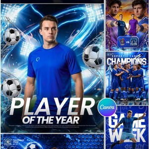 Puede incluir: Un gráfico digital que muestra a una persona con una camiseta deportiva azul con un pequeño logotipo en el pecho. El fondo muestra balones de fútbol, luces de estadio y el texto PLAYER OF THE YEAR. Paneles adicionales muestran jugadores de fútbol.