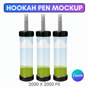 May include: A mockup image of three hookah pens. Each pen has a black base and top, a clear cylindrical body with a landscape design of green hills, white clouds, and a blue sky. The text "HOOKAH PEN MOCKUP" is at the top.