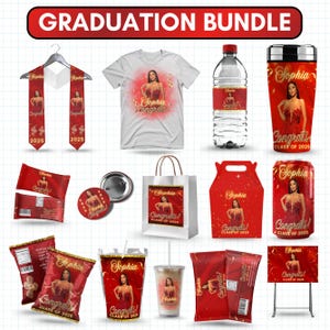Graduation Party Favor Bundle, Senior Stole Design Template, Grad Chip Bag Template, Grad Water Labels, Grad Soda Can, Grad Gift Bag Canva