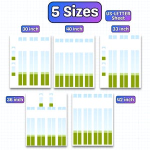 May include: Five sheets of paper in different sizes, including 30 inch, 33 inch, 36 inch, 40 inch, and 42 inch. The text "5 Sizes" and "US-LETTER Sheet" are displayed at the top. Each sheet has a blue and green design.