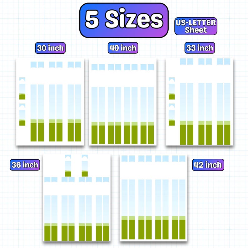 May include: Five sheets of paper in different sizes, including 30 inch, 33 inch, 36 inch, 40 inch, and 42 inch. The text "5 Sizes" and "US-LETTER Sheet" are displayed at the top. Each sheet has a blue and green design.