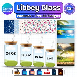 Puede incluir: Imagen de maquetas de frascos Libbey con tapas de madera y pajitas, disponibles en tamaños de 710 ml, 590 ml, 470 ml y 350 ml. La imagen incluye el texto "Libbey Glass Mockups + Free 50 Designs".